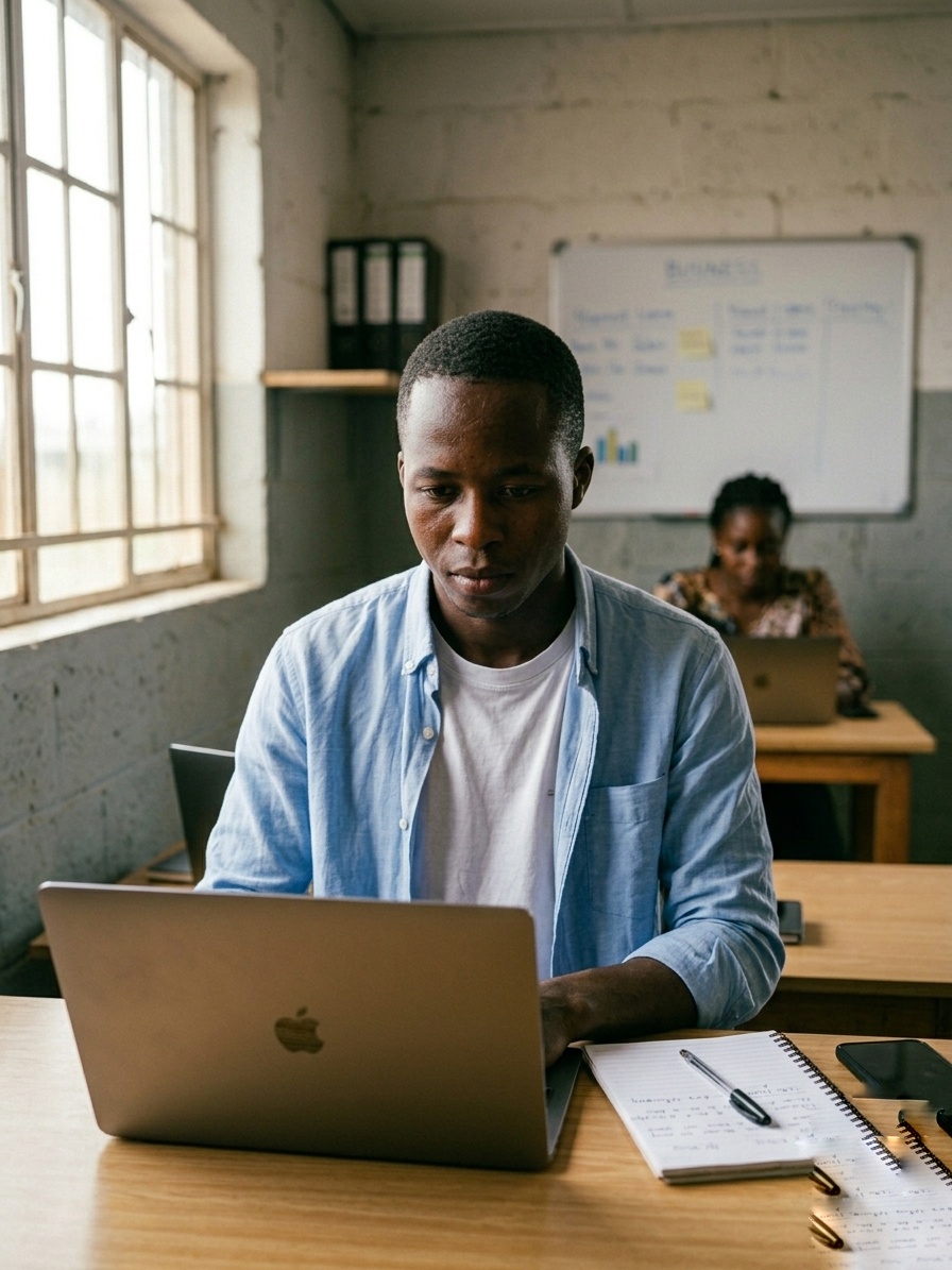 Amzo Diallo qui développe un site sur son ordinateur