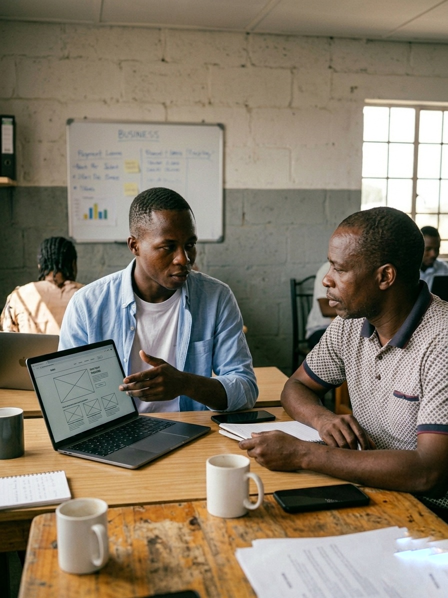 Amzo Diallo en réunion avec un client, présentant une maquette de site